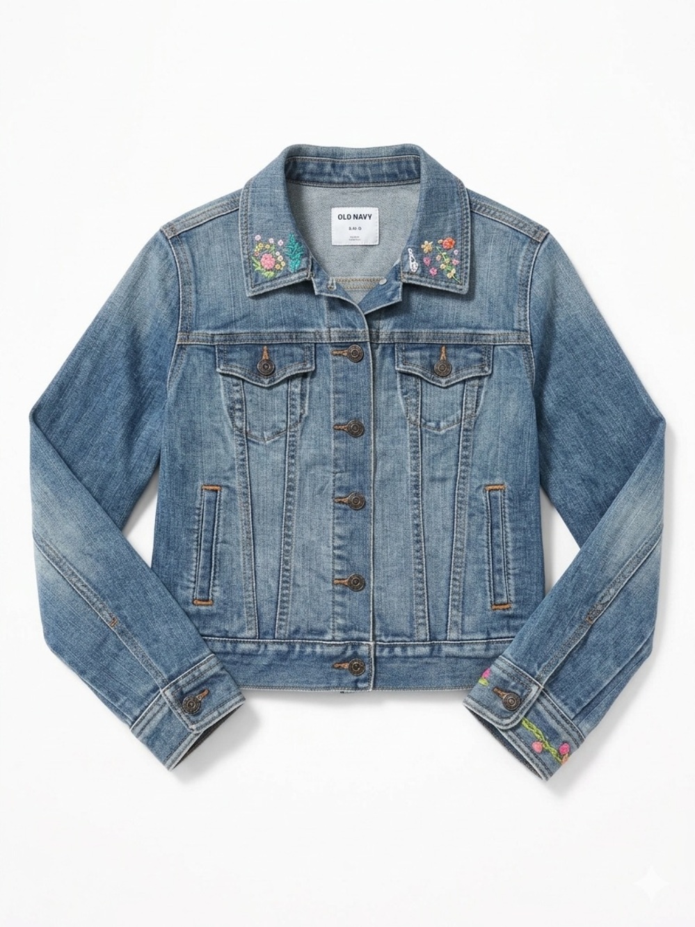Floral Embroidered Denim Trucker Jacket Women's Size S Small Blue Jean Pockets M